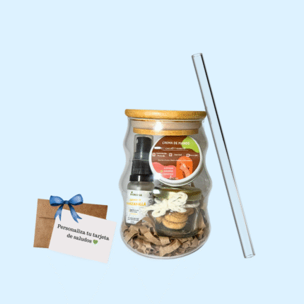 Pack Regalo Vaso De Vidrio Con Tapa De Bambú, Tónico De Manzanilla ,crema De Manos ,snack